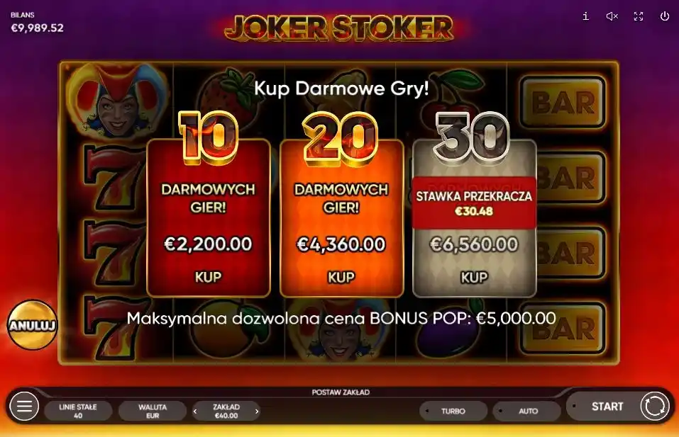 Funkcja Bonus Pop w Joker Stoker z opcją zakupu 10, 20 lub 30 darmowych gier