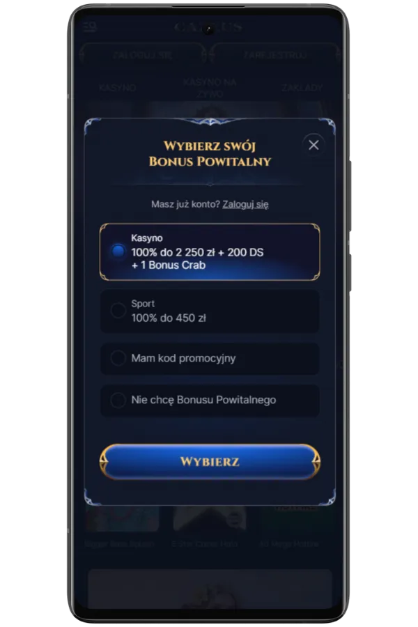 Wybór bonusu powitalnego w Joker Stoker casino przed rozpoczęciem gry